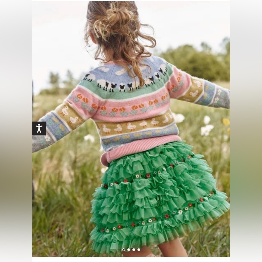 NWT Mini Boden Tulle Ruffled Skirt. Aloe Green Applique Flowers Girl’s Sz- 8/9